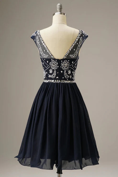 Short-Mini Cap Sleeves Party Dress WIth Beading