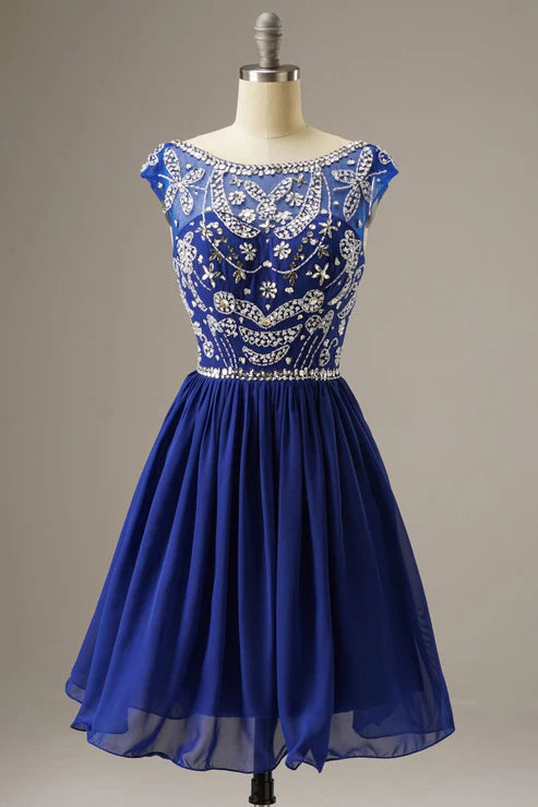 Short-Mini Cap Sleeves Party Dress WIth Beading