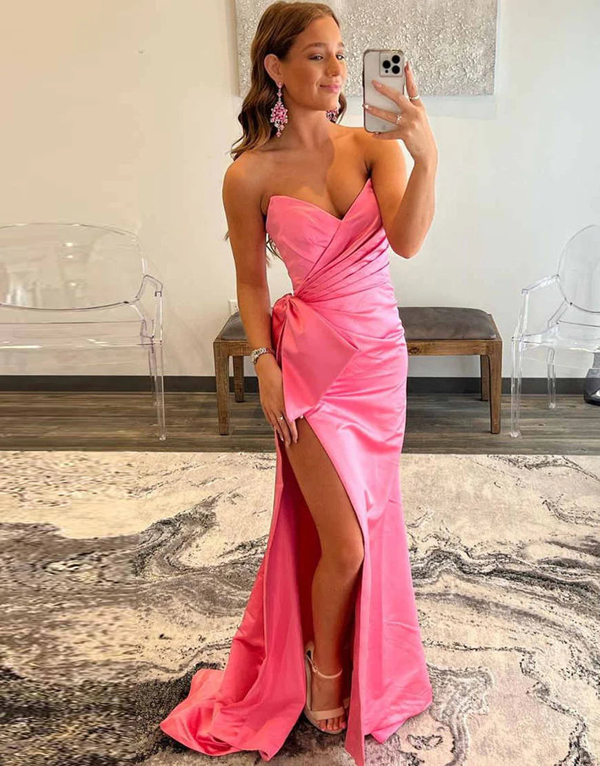 Strapless Sweetheart Hot Pink Prom Dress with Bow