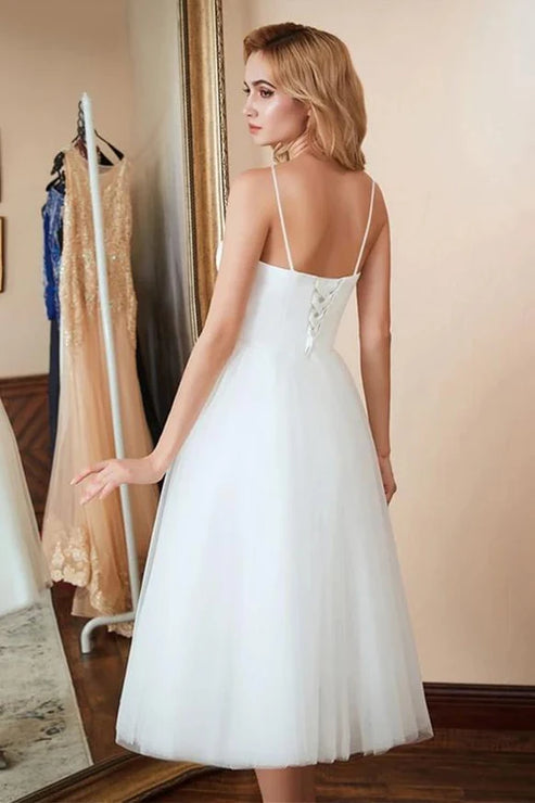 A-Line Spaghetti Straps White Satin Tulle Tea-Length Wedding Dresses Beautiful