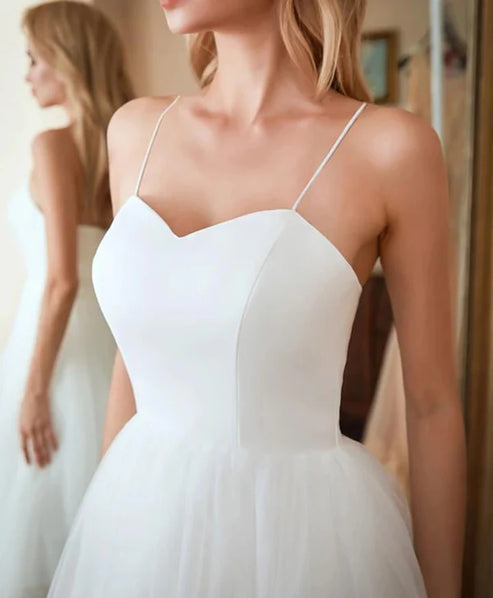 A-Line Spaghetti Straps White Satin Tulle Tea-Length Wedding Dresses Beautiful