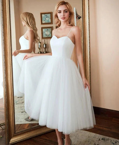 A-Line Spaghetti Straps White Satin Tulle Tea-Length Wedding Dresses Beautiful