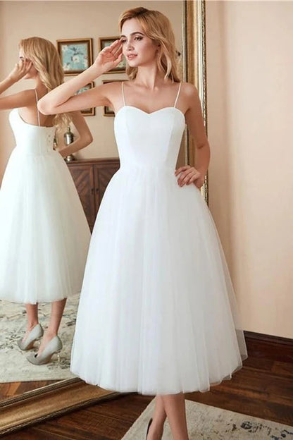 A-Line Spaghetti Straps White Satin Tulle Tea-Length Wedding Dresses Beautiful