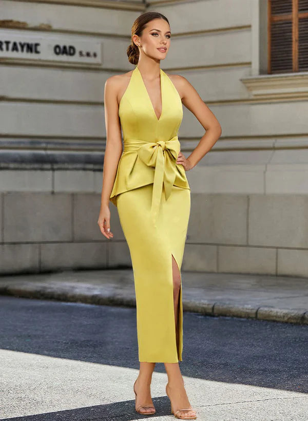 Bow wrap/column neck hanging mother of the bride dress With Slit
