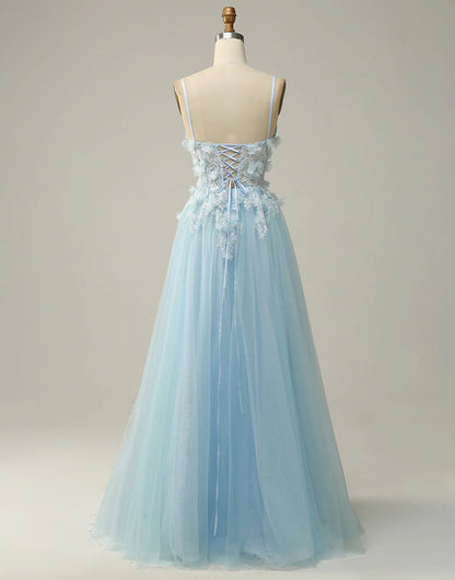 A Line Spaghetti Straps Sky Blue Long Prom Dress with Appliques