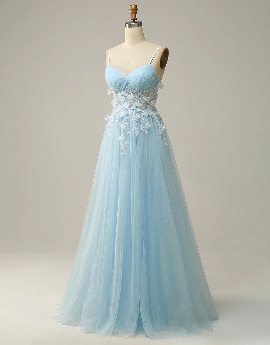 A Line Spaghetti Straps Sky Blue Long Prom Dress with Appliques