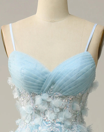 A Line Spaghetti Straps Sky Blue Long Prom Dress with Appliques