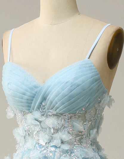 A Line Spaghetti Straps Sky Blue Long Prom Dress with Appliques