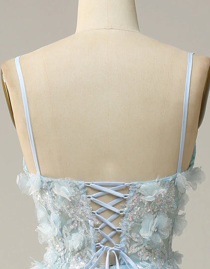 A Line Spaghetti Straps Sky Blue Long Prom Dress with Appliques