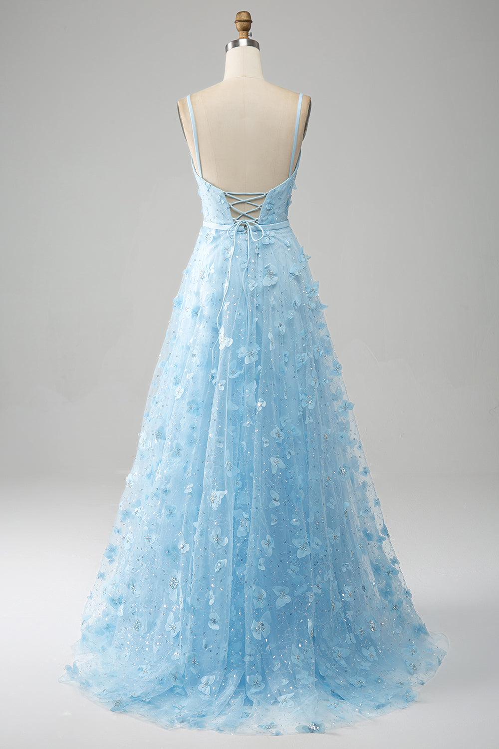 Sky Blue A Line Spaghetti Straps Sparkly Beaded Prom Dress with 3D Butterflies Beautiful