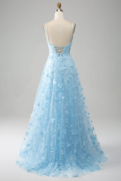 Sky Blue A Line Spaghetti Straps Sparkly Beaded Prom Dress with 3D Butterflies Beautiful