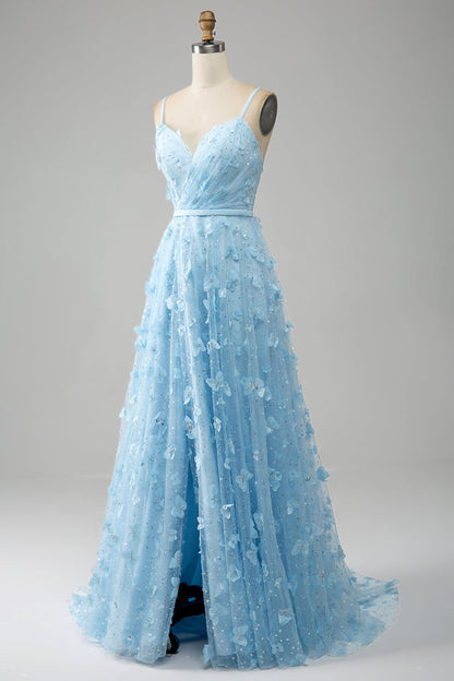 Sky Blue A Line Spaghetti Straps Sparkly Beaded Prom Dress with 3D Butterflies Beautiful