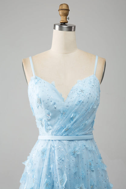 Sky Blue A Line Spaghetti Straps Sparkly Beaded Prom Dress with 3D Butterflies Beautiful