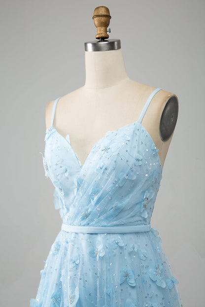 Sky Blue A Line Spaghetti Straps Sparkly Beaded Prom Dress with 3D Butterflies Beautiful