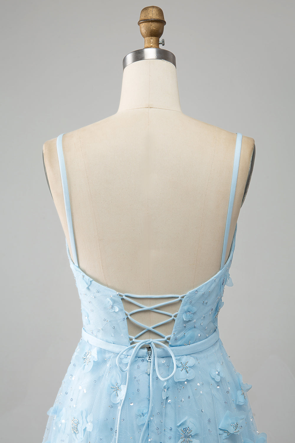 Sky Blue A Line Spaghetti Straps Sparkly Beaded Prom Dress with 3D Butterflies Beautiful