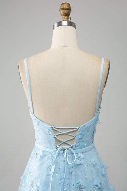 Sky Blue A Line Spaghetti Straps Sparkly Beaded Prom Dress with 3D Butterflies Beautiful