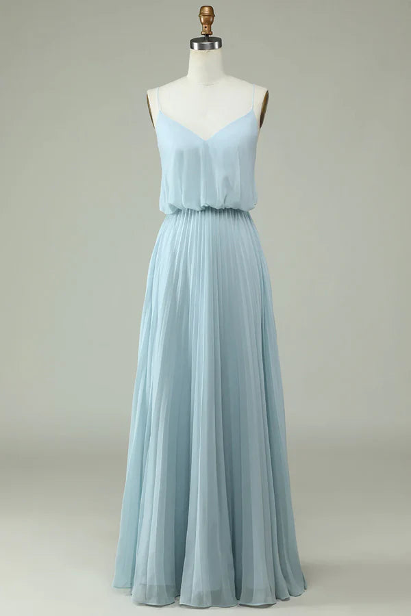 Chiffon thin shoulder strap sky blue long bridesmaid dress Solid Color Floor Length