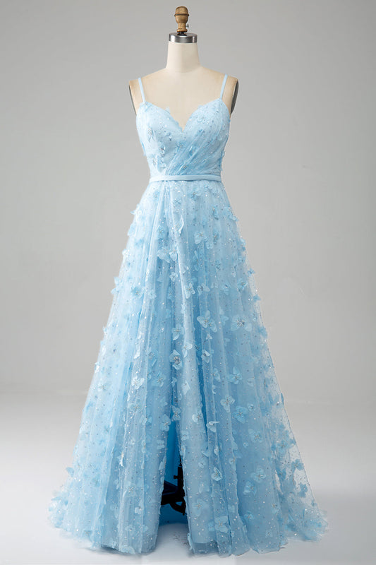 Sky Blue A Line Spaghetti Straps Sparkly Beaded Prom Dress with 3D Butterflies Beautiful