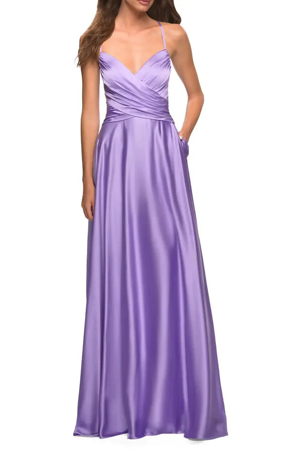 Noble thin shoulder strap off shoulder sleeveless satin and ground length off back strapping evening dress With Slit