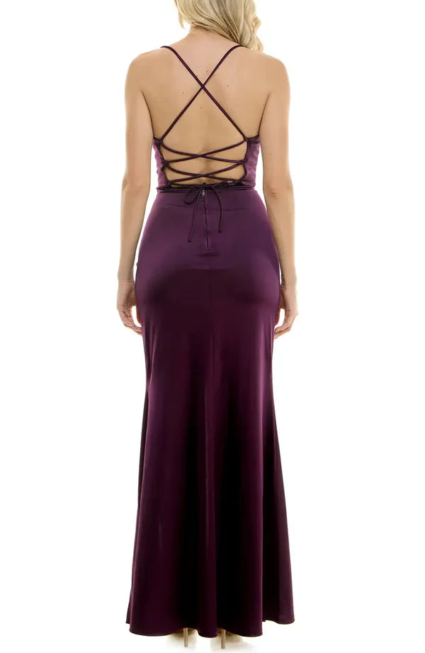 Noble thin shoulder strap open shoulder side slit satin open back strap evening dress Sexy