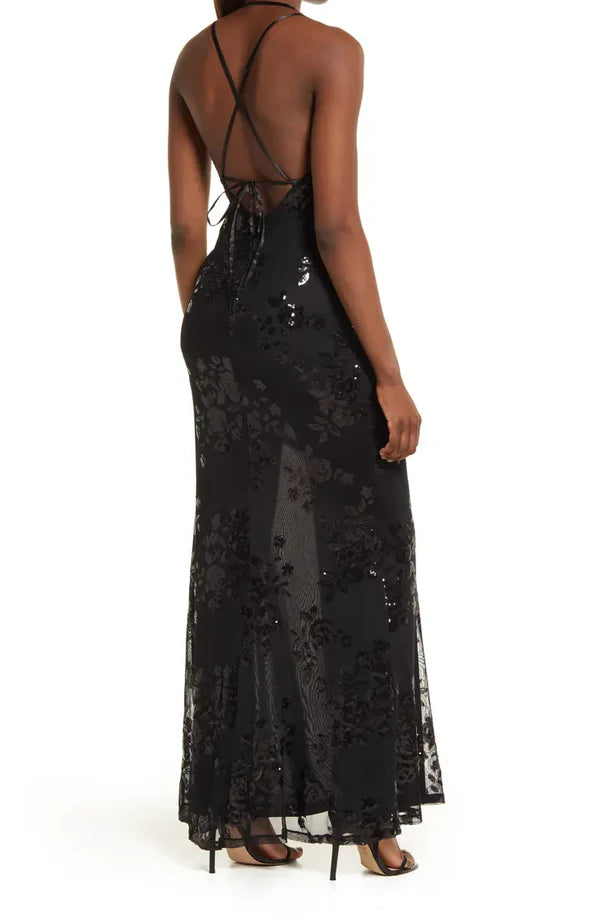 Noble slim shoulder strap off shoulder sequin pleated lace front slit prom dress Evening Dress