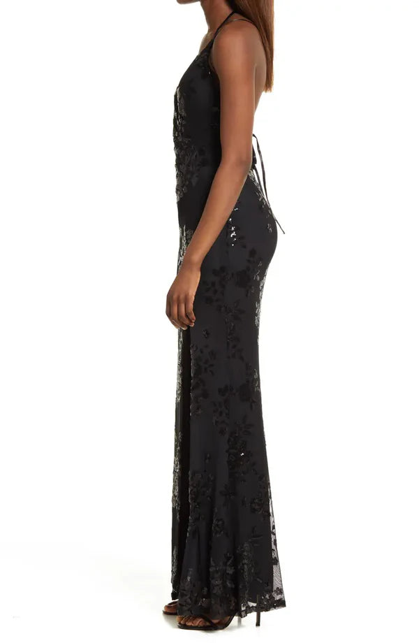 Noble slim shoulder strap off shoulder sequin pleated lace front slit prom dress Evening Dress