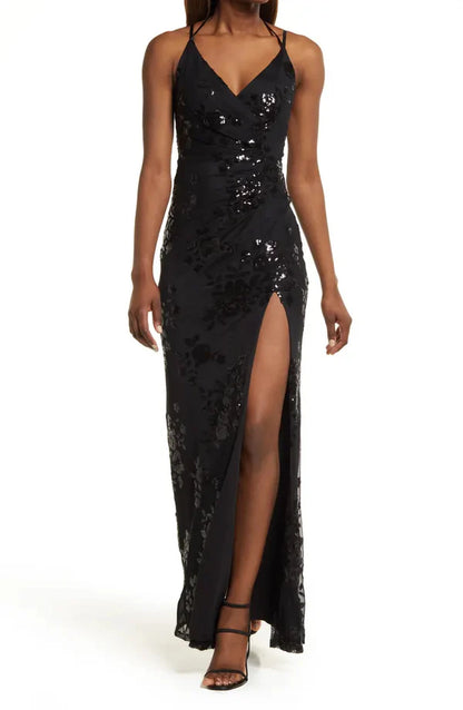 Noble slim shoulder strap off shoulder sequin pleated lace front slit prom dress Evening Dress