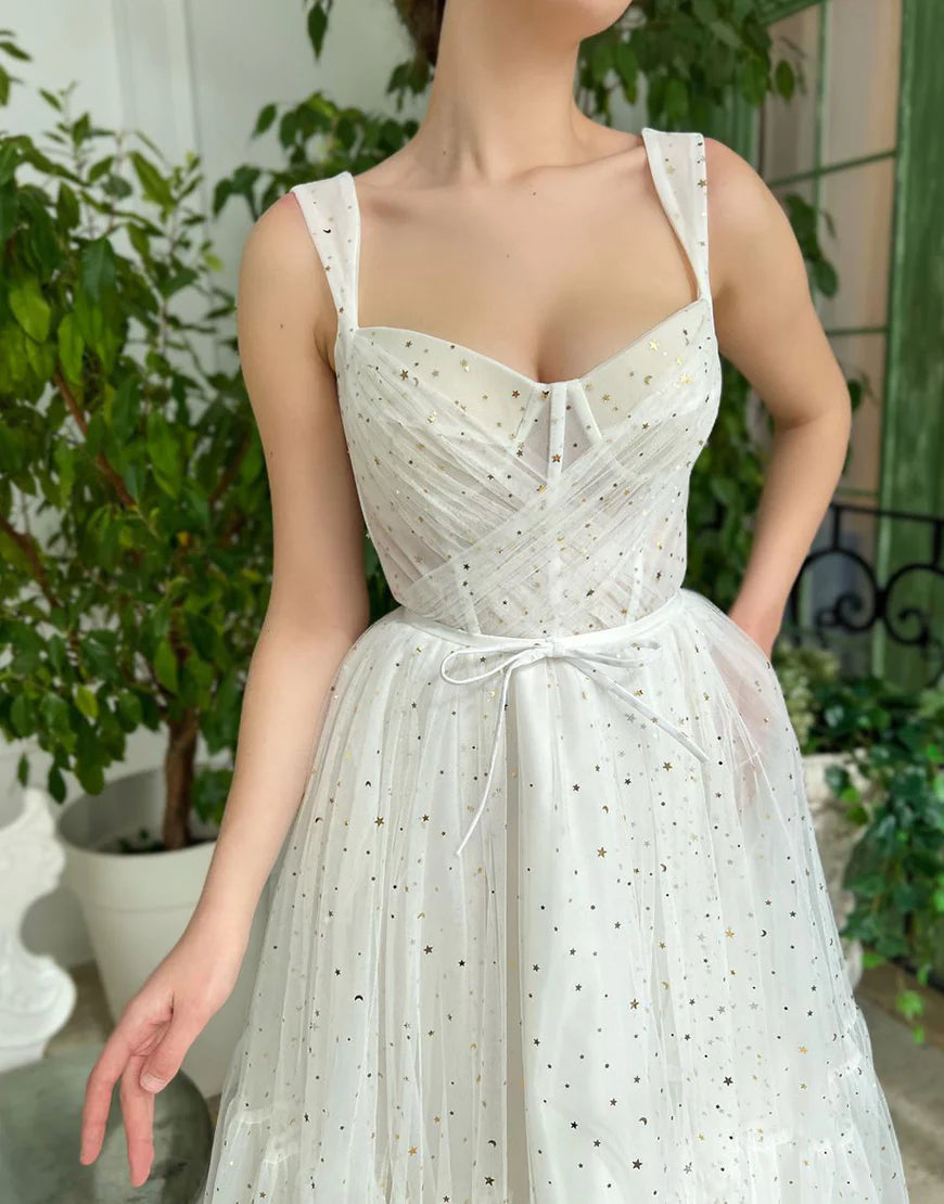 Short Straps Tulle White Homecoming Dress