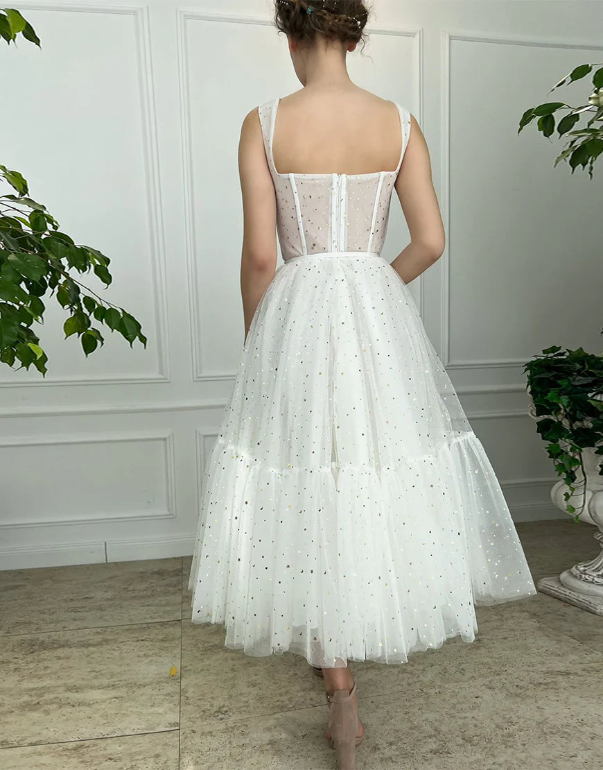 Short Straps Tulle White Homecoming Dress