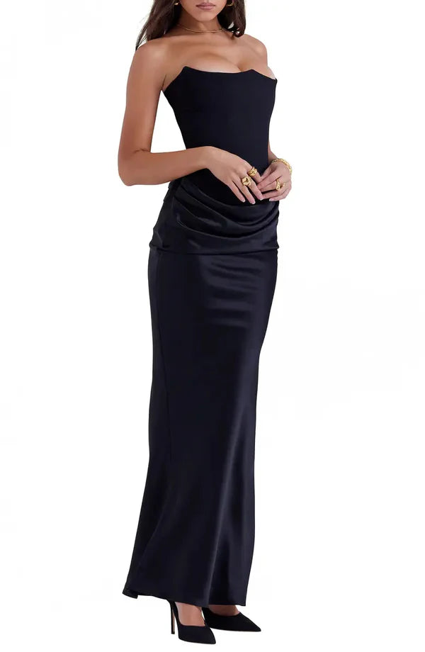 Noble black strapless off shoulder satin tight fitting corset prom dress Evening Dress