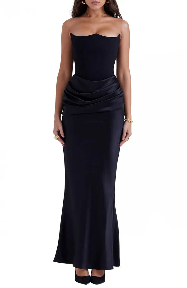 Noble black strapless off shoulder satin tight fitting corset prom dress Evening Dress