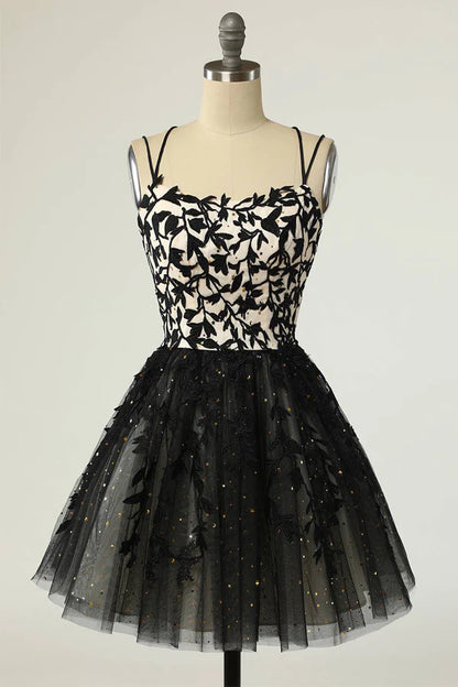 A Line Spaghetti Straps Black Sequins Short Homecoming Dress with Appliques