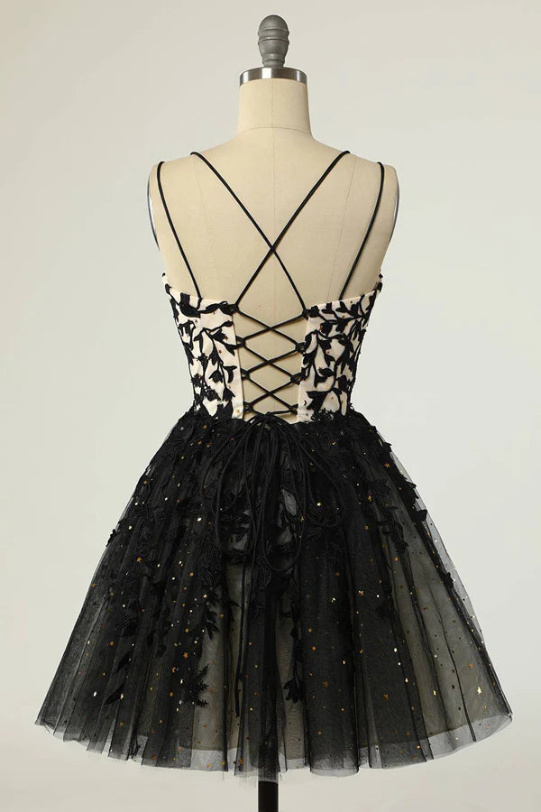 A Line Spaghetti Straps Black Sequins Short Homecoming Dress with Appliques