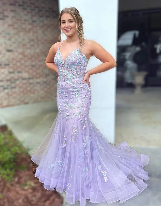 Sheath Mermaid Spaghetti Straps V Neck Long Prom Dress With Appliques