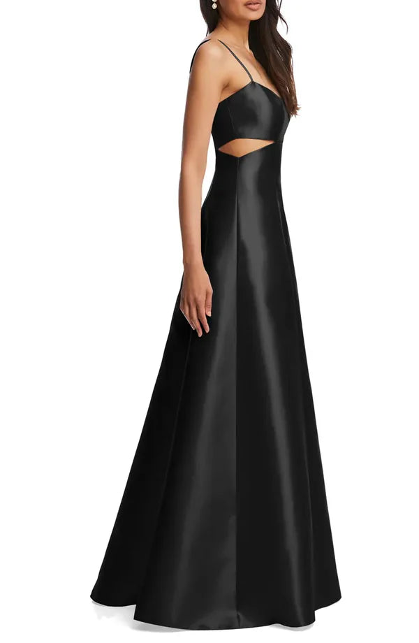 Noble thin shoulder strap open shoulder hollowed out satin surface backlss and floor length evening dress With Slit