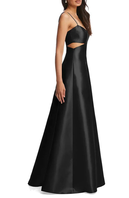 Noble thin shoulder strap open shoulder hollowed out satin surface backlss and floor length evening dress With Slit