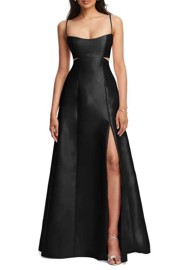 Noble thin shoulder strap open shoulder hollowed out satin surface backlss and floor length evening dress With Slit