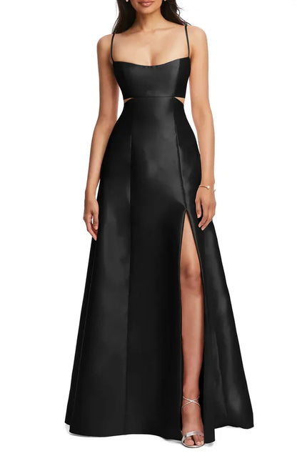 Noble thin shoulder strap open shoulder hollowed out satin surface backlss and floor length evening dress With Slit