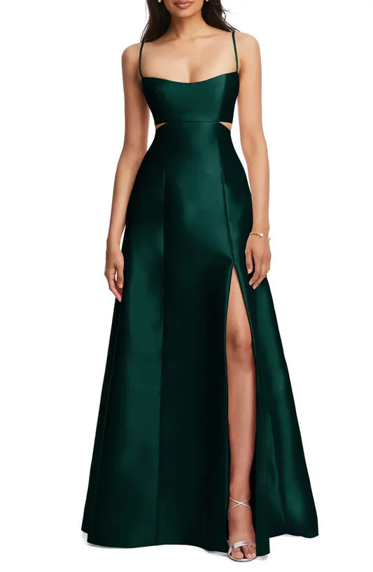 Noble thin shoulder strap open shoulder hollowed out satin surface backlss and floor length evening dress With Slit