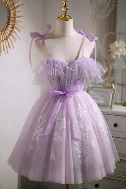 A-Line/Princess Sleeveless Straps Tulle Applique Short  Homecoming Dress with Ribbon