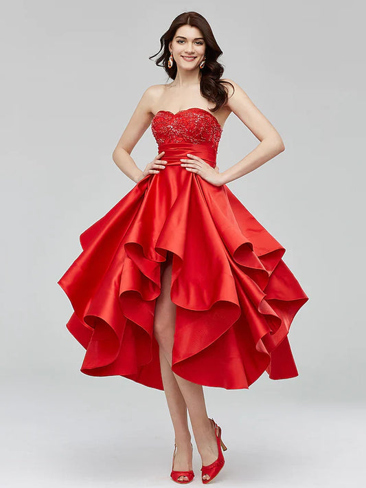 A-Line Fit & Flare Open Back Homecoming Cocktail Party Prom Dress Sweetheart Neckline Sleeveless Asymmetrical Satin with Beading Appliques