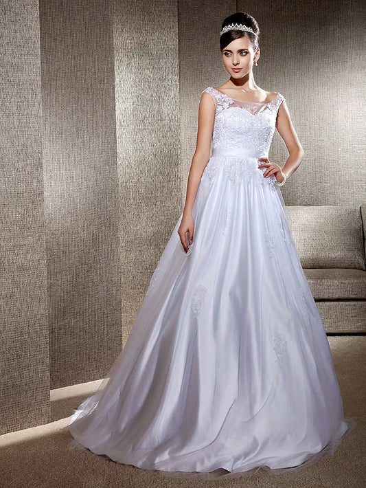 Ball Gown A-Line Wedding Dresses Scoop Neck Lace Tulle Sleeveless