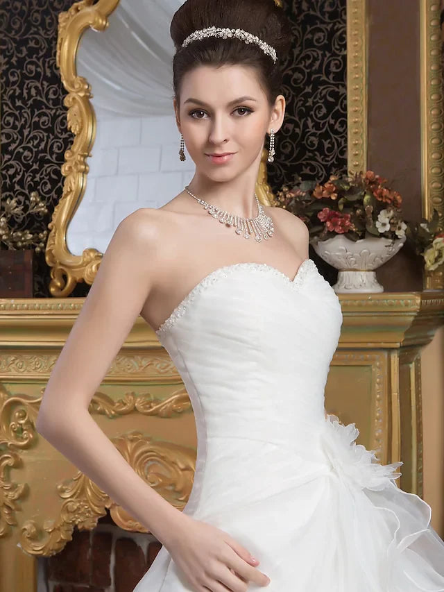 A-Line Wedding Dresses Sweetheart Neckline Court Train Organza Satin Strapless with Ruched Cascading Ruffles