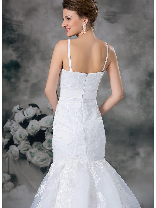 Wedding Dresses Sweetheart Neckline Chapel Train Lace Organza Satin Spaghetti Strap with Sashes Ribbons Bow(s) Beading