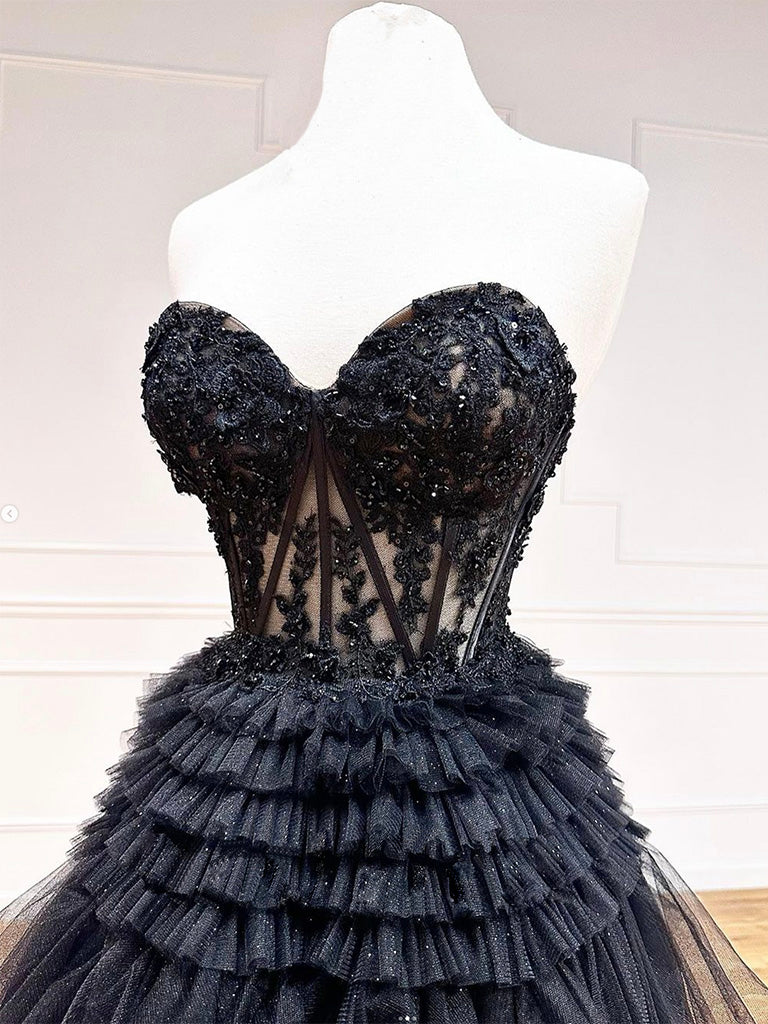 Black Sweetheart Neck Tulle Lace Long Prom Dress Formal Evening Dress Off Shoulder Sparkly