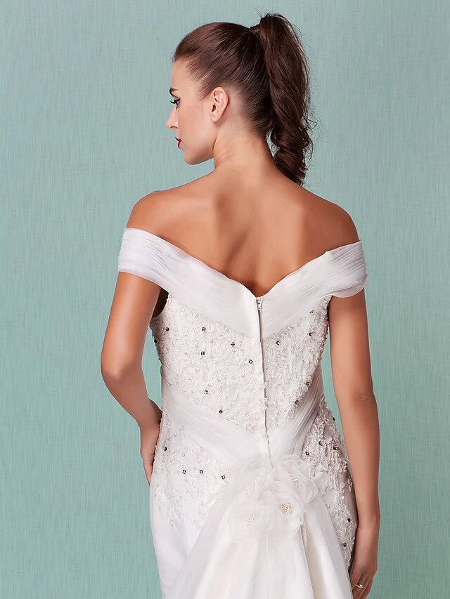 Wedding Dresses Off Shoulder Chapel Train Organza Short Sleeve with Beading Appliques Crystal Floral Pin