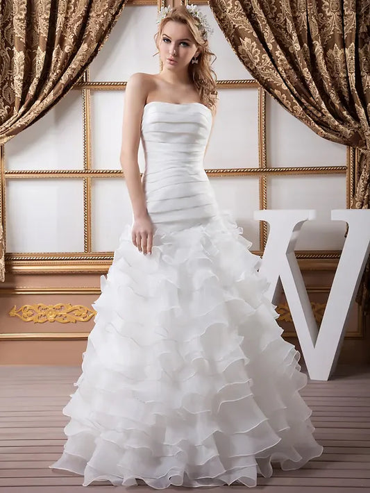 A-Line Wedding Dresses Strapless Floor Length Organza Satin Strapless with Ruched Cascading Ruffles