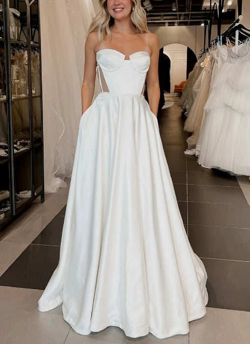 Sweetheart Wedding Dress A Line Satin Bridal Dress With Pockets Off Shoulder Floor Length