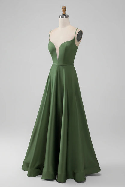 A-line Green Satin V Neck Long Bridesmaid Dress