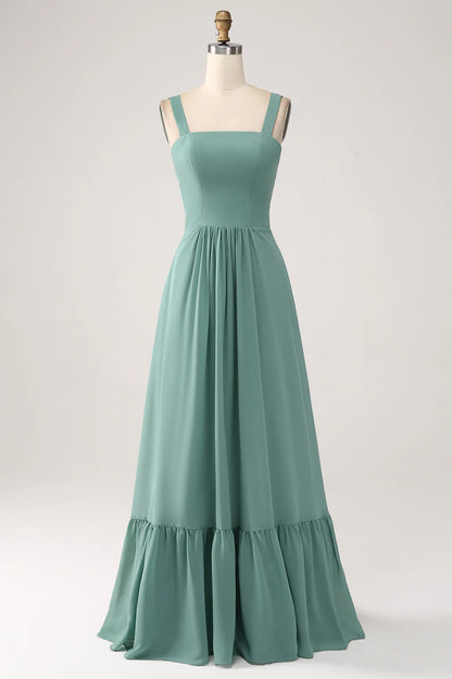 A Line Chiffon Long Bridesmaid Dress with Pleated